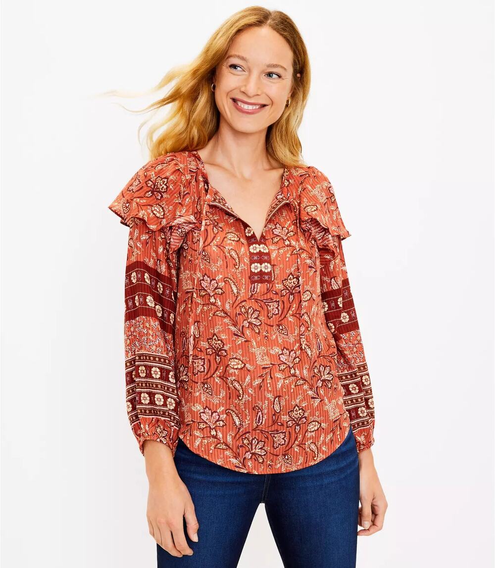 LOFT Bouquet Ruffle Tie Neck Blouse Auburn Size Large